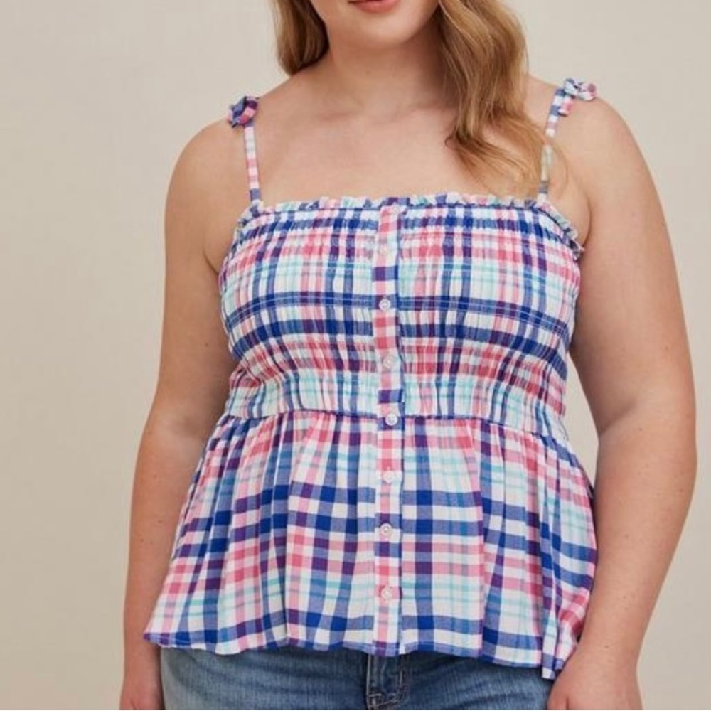 Torrid Peplum Smocked Bodice Cami -Crinkle Gauze Plaid White size 00 (medium)